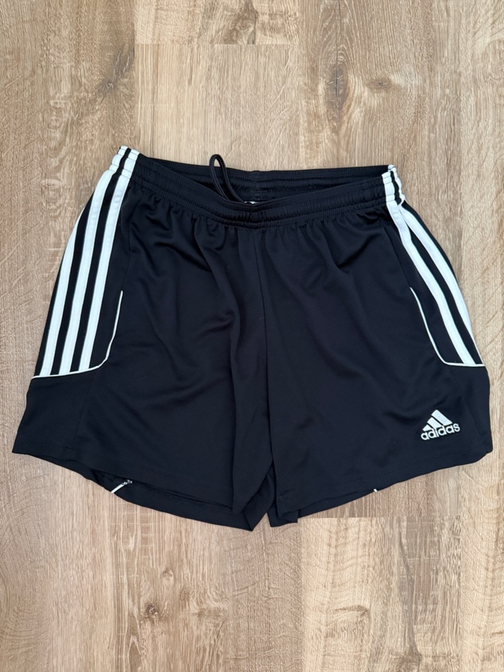Adidas Kids Black Athletic Shorts with White Three-Stripes, Size Small (8-10)